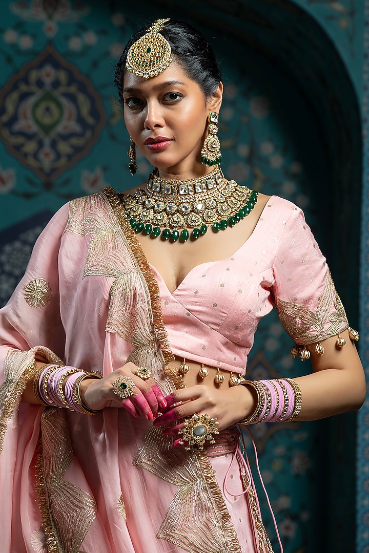 Salmon Pink Silk Brocade Gota Embroidered Lehenga Set For Girls by Mei & Zu at Pernia's Pop Up Shop