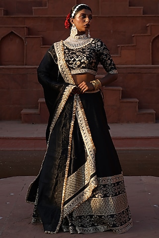 Black Cotton Silk Brocade Zari Embroidered Lehenga Set For Girls by Mei & Zu
