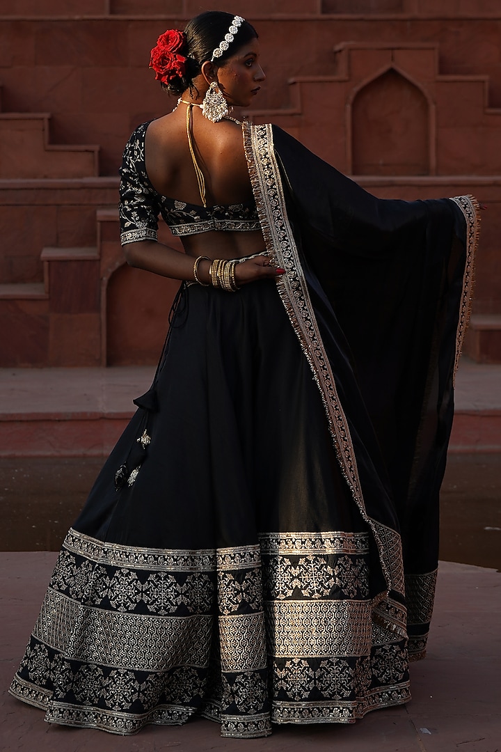 Black Cotton Silk Brocade Zari Embroidered Lehenga Set For Girls by Mei & Zu at Pernia's Pop Up Shop