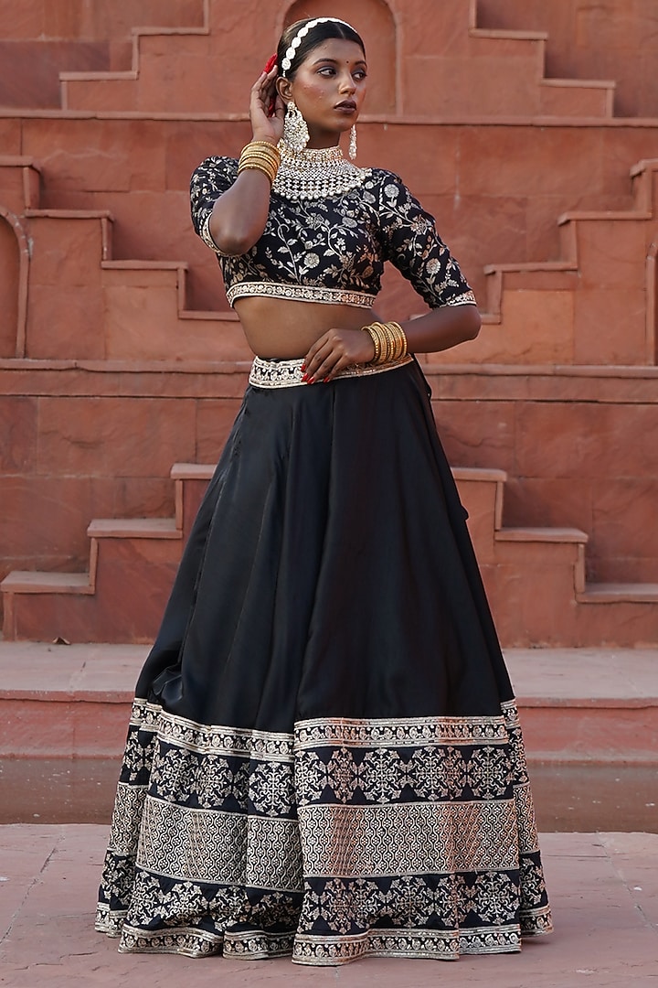 Black Cotton Silk Brocade Zari Embroidered Lehenga Set For Girls by Mei & Zu at Pernia's Pop Up Shop