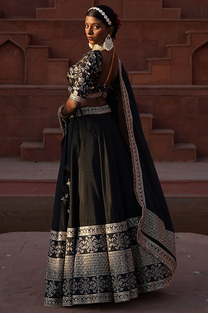 Black Cotton Silk Brocade Zari Embroidered Lehenga Set For Girls by Mei & Zu at Pernia's Pop Up Shop