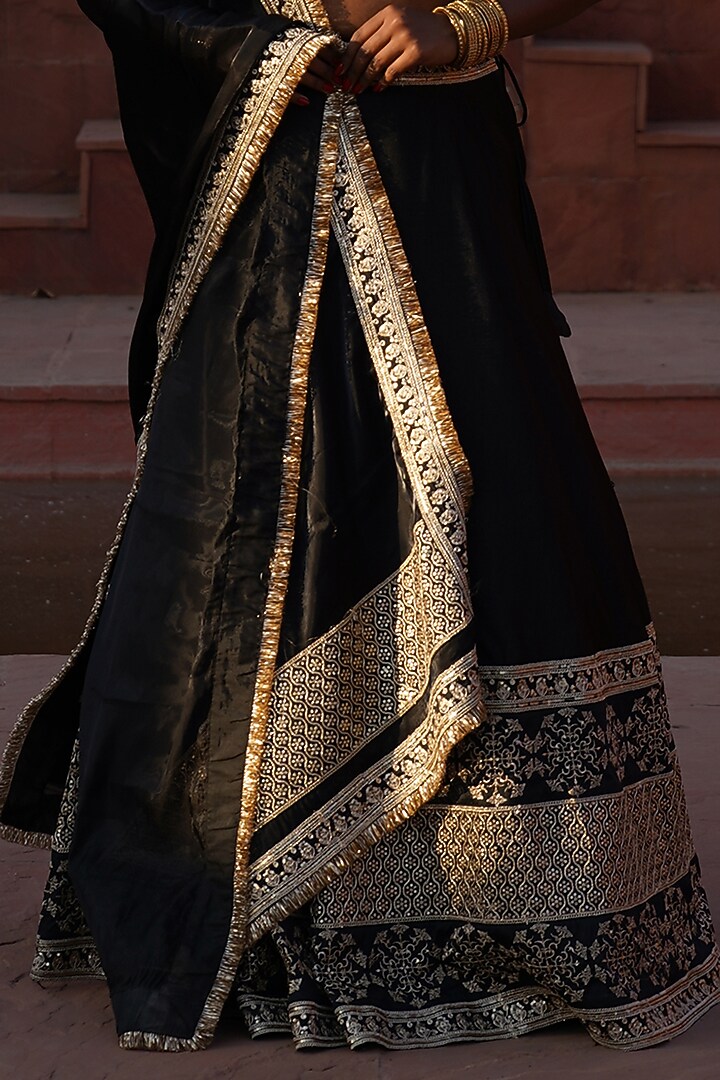 Black Cotton Silk Brocade Zari Embroidered Lehenga Set For Girls by Mei & Zu at Pernia's Pop Up Shop