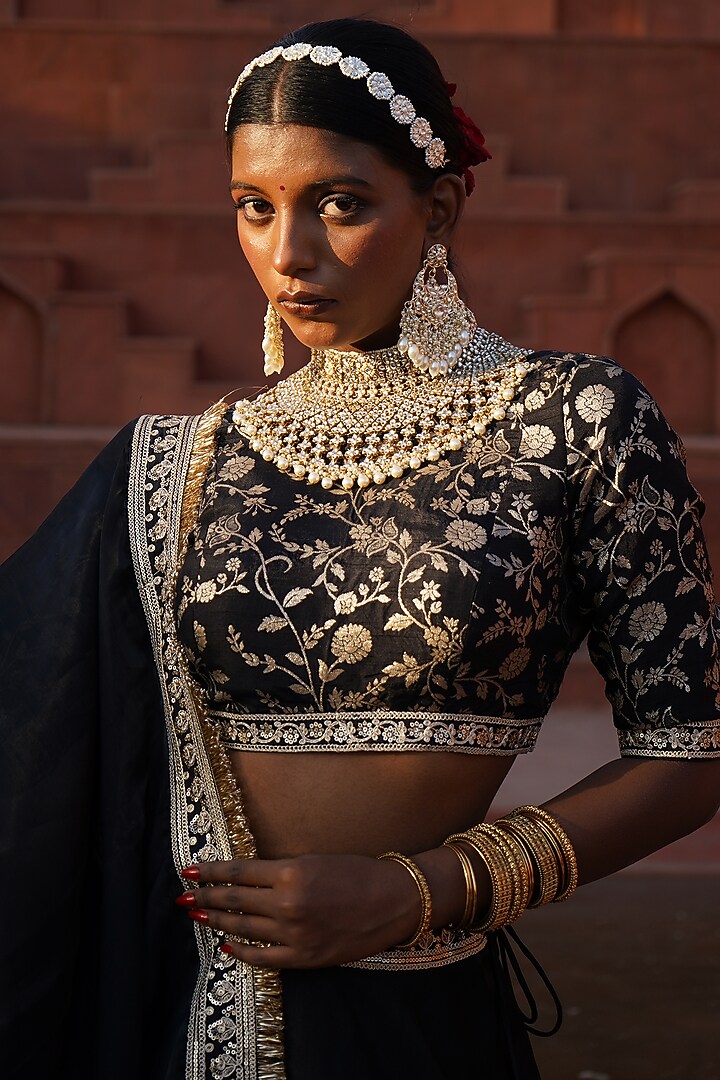 Black Cotton Silk Brocade Zari Embroidered Lehenga Set For Girls by Mei & Zu at Pernia's Pop Up Shop