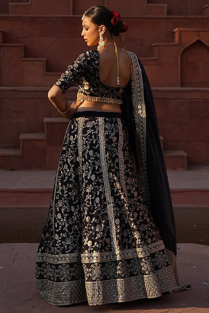 Black Cotton Silk Brocade Embroidered Lehenga Set For Girls by Mei & Zu at Pernia's Pop Up Shop