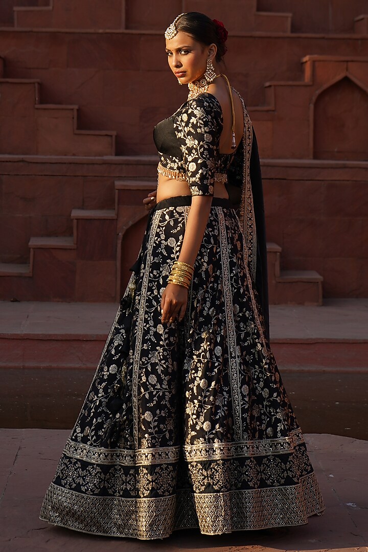 Black Cotton Silk Brocade Embroidered Lehenga Set For Girls by Mei & Zu at Pernia's Pop Up Shop