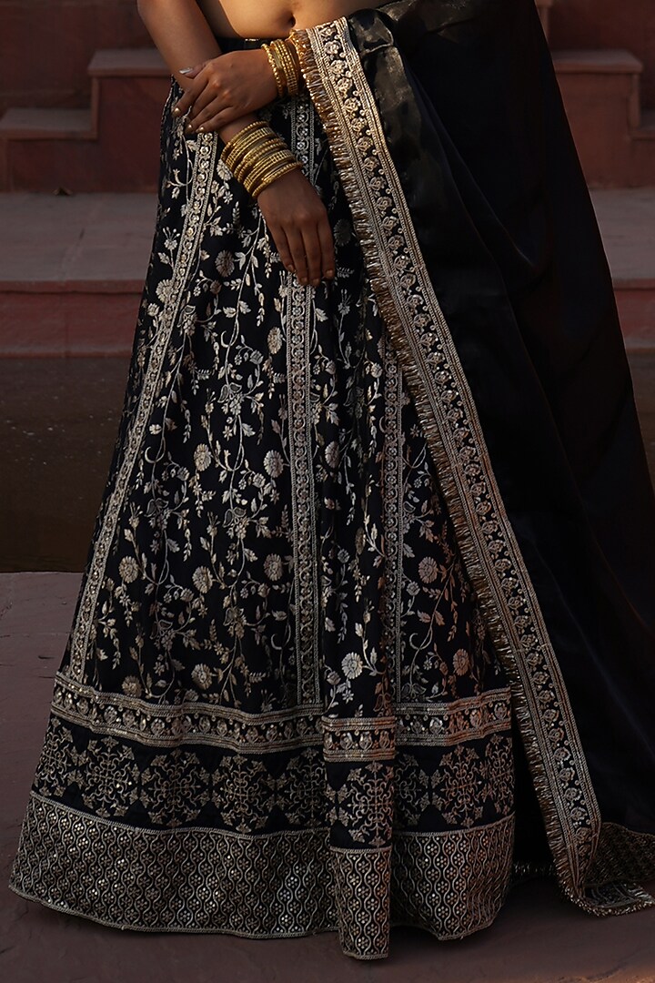 Black Cotton Silk Brocade Embroidered Lehenga Set For Girls by Mei & Zu at Pernia's Pop Up Shop