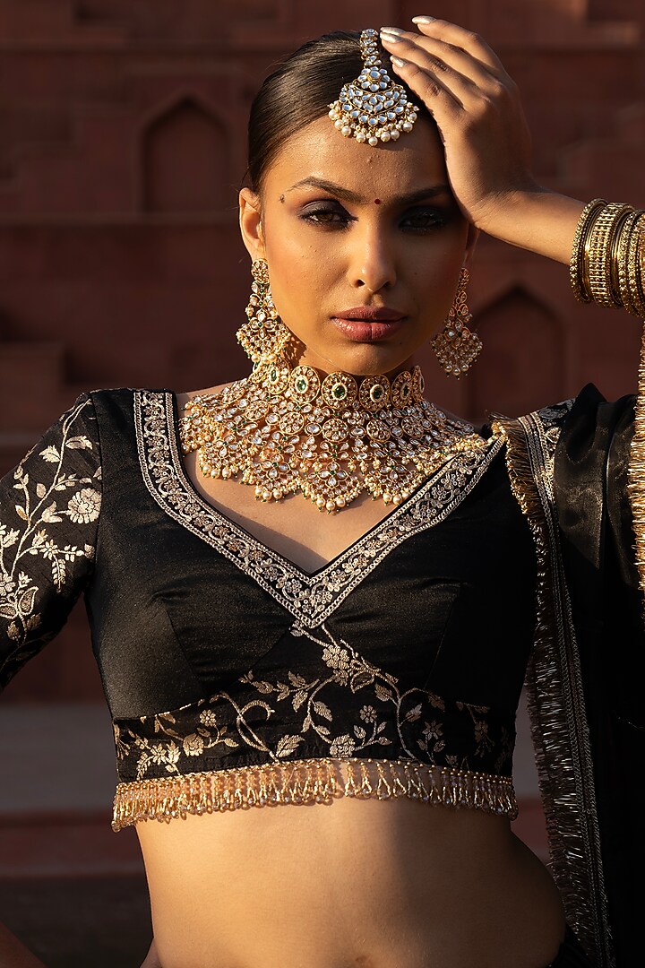 Black Cotton Silk Brocade Embroidered Lehenga Set For Girls by Mei & Zu at Pernia's Pop Up Shop
