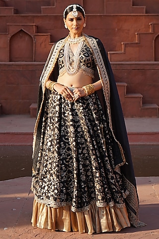 Black & Gold Cotton Silk Brocade Layered Lehenga Set For Girls by Mei & Zu