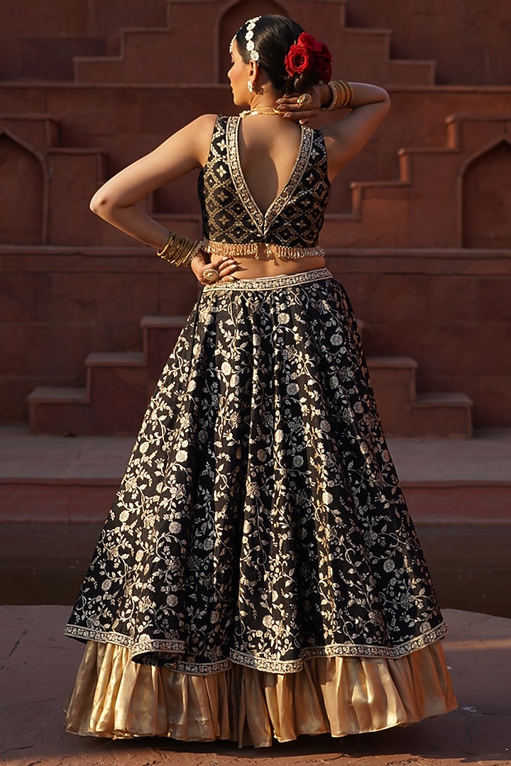 Black & Gold Cotton Silk Brocade Layered Lehenga Set For Girls by Mei & Zu at Pernia's Pop Up Shop