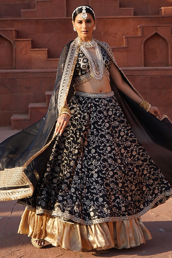 Black & Gold Cotton Silk Brocade Layered Lehenga Set For Girls by Mei & Zu at Pernia's Pop Up Shop