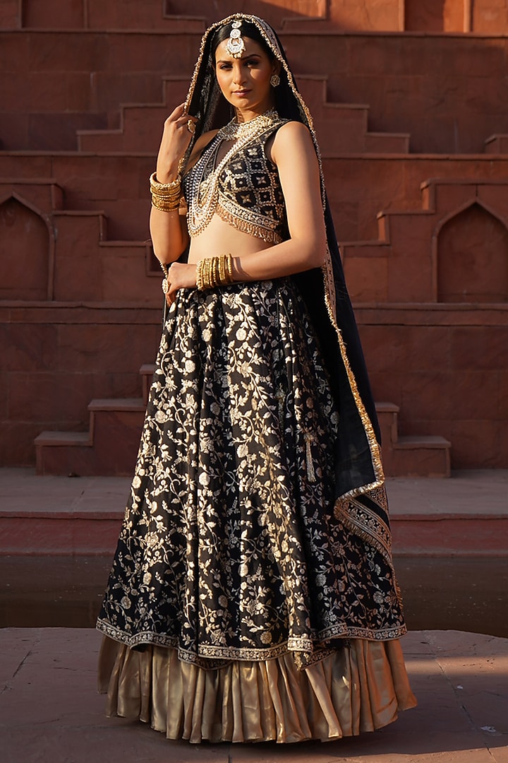 Black & Gold Cotton Silk Brocade Layered Lehenga Set For Girls by Mei & Zu at Pernia's Pop Up Shop