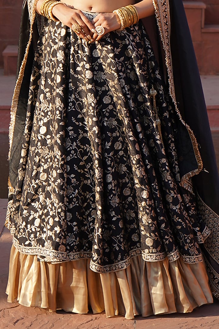 Black & Gold Cotton Silk Brocade Layered Lehenga Set For Girls by Mei & Zu at Pernia's Pop Up Shop