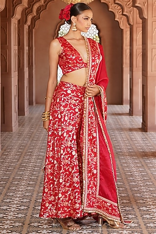 Crimson Bengaluru Silk Sharara Set For Girls by Mei & Zu