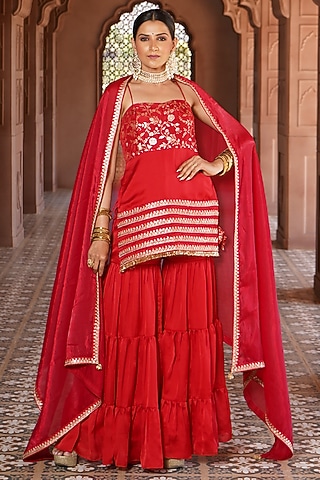 Crimson Satin Georgette Sharara Set For Girls by Mei & Zu