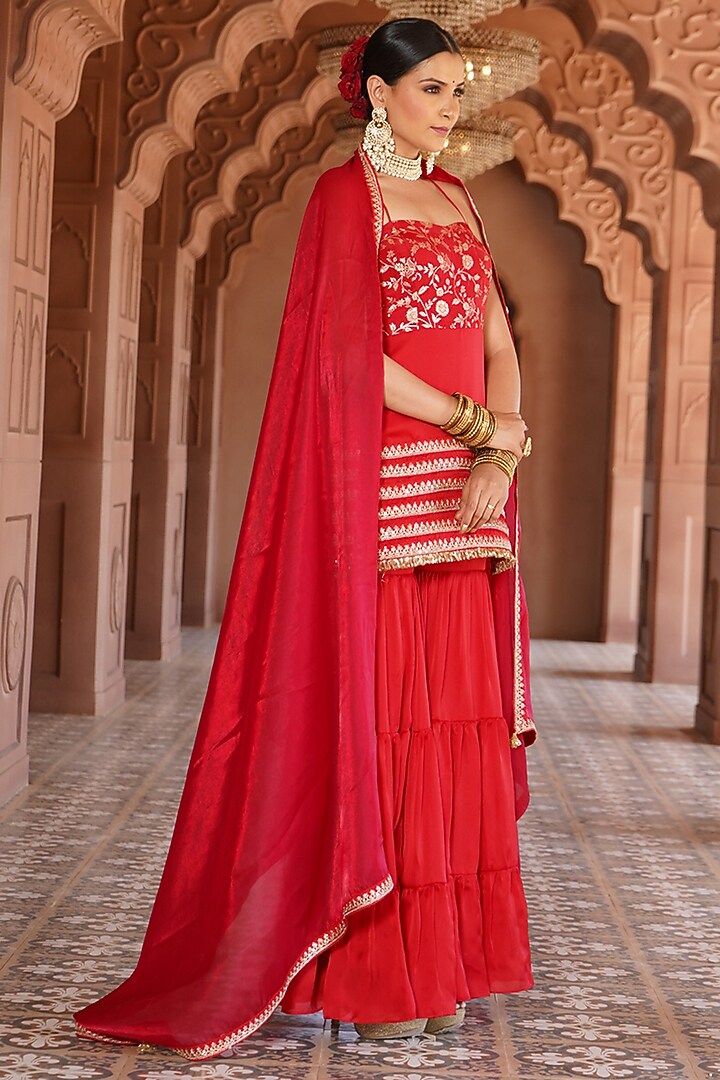 Crimson Satin Georgette Sharara Set For Girls by Mei & Zu at Pernia's Pop Up Shop