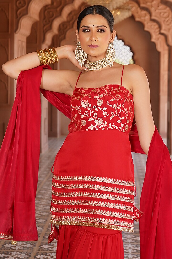 Crimson Satin Georgette Sharara Set For Girls by Mei & Zu at Pernia's Pop Up Shop