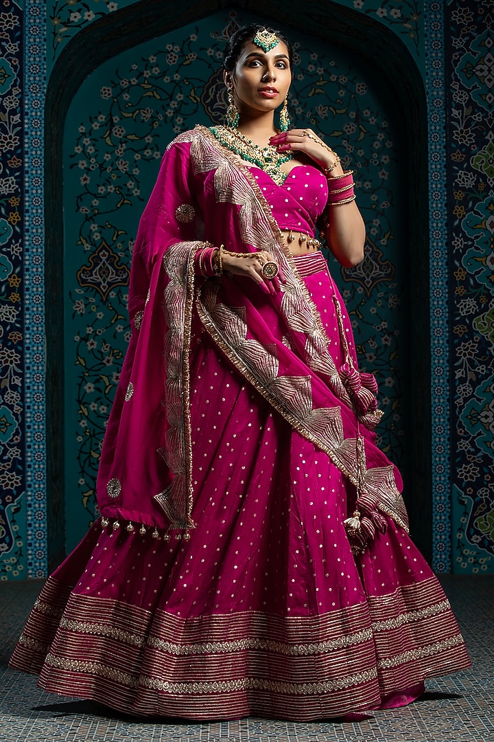 Fuchsia Pink Silk Brocade Gota Embroidered Lehenga Set For Girls by Mei & Zu at Pernia's Pop Up Shop