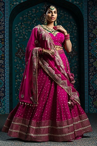 Fuchsia Pink Silk Brocade Gota Embroidered Lehenga Set For Girls by Mei & Zu