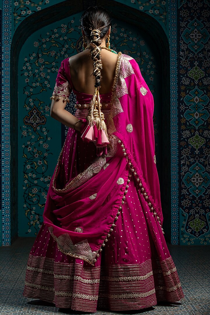 Fuchsia Pink Silk Brocade Gota Embroidered Lehenga Set For Girls by Mei & Zu at Pernia's Pop Up Shop
