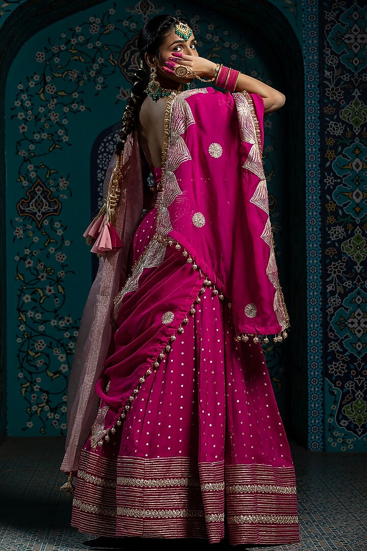 Fuchsia Pink Silk Brocade Gota Embroidered Lehenga Set For Girls by Mei & Zu at Pernia's Pop Up Shop