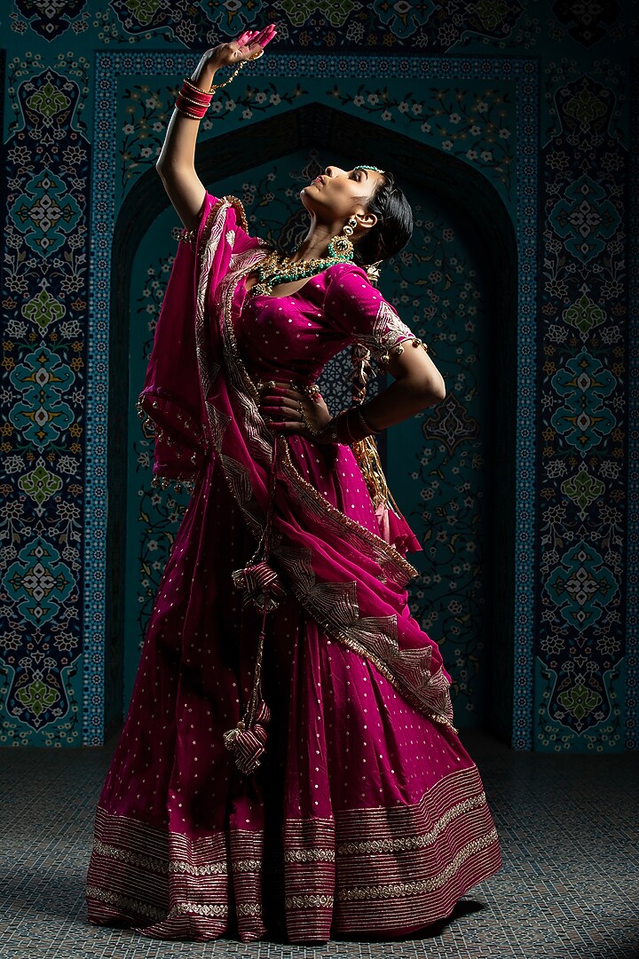 Fuchsia Pink Silk Brocade Gota Embroidered Lehenga Set For Girls by Mei & Zu at Pernia's Pop Up Shop