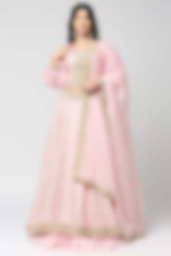 Pink Brocade Embroidered Layered Lehenga Set For Girls by Mei & Zu at Pernia's Pop Up Shop