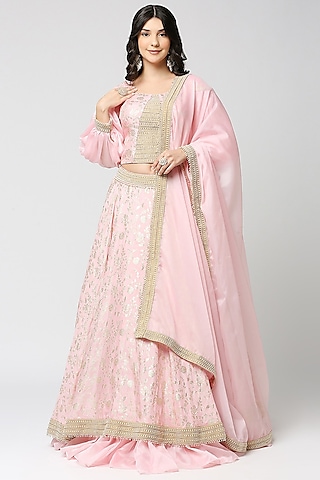 Pink Brocade Embroidered Layered Lehenga Set For Girls by Mei & Zu