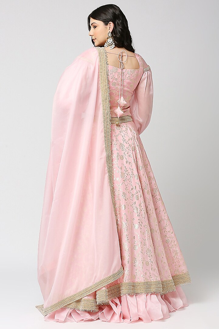 Pink Brocade Embroidered Layered Lehenga Set For Girls by Mei & Zu at Pernia's Pop Up Shop
