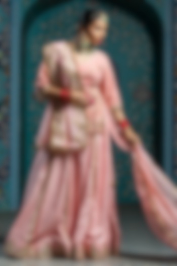 Salmon Pink Silk Brocade Gota Embroidered Lehenga Set For Girls by Mei & Zu at Pernia's Pop Up Shop