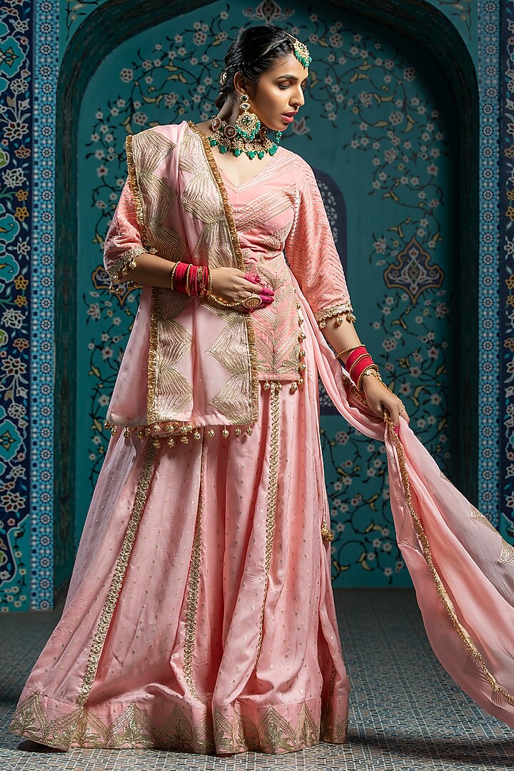 Salmon Pink Silk Brocade Gota Embroidered Lehenga Set For Girls by Mei & Zu at Pernia's Pop Up Shop