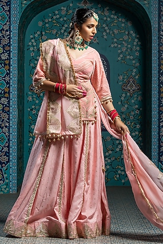 Salmon Pink Silk Brocade Gota Embroidered Lehenga Set For Girls by Mei & Zu