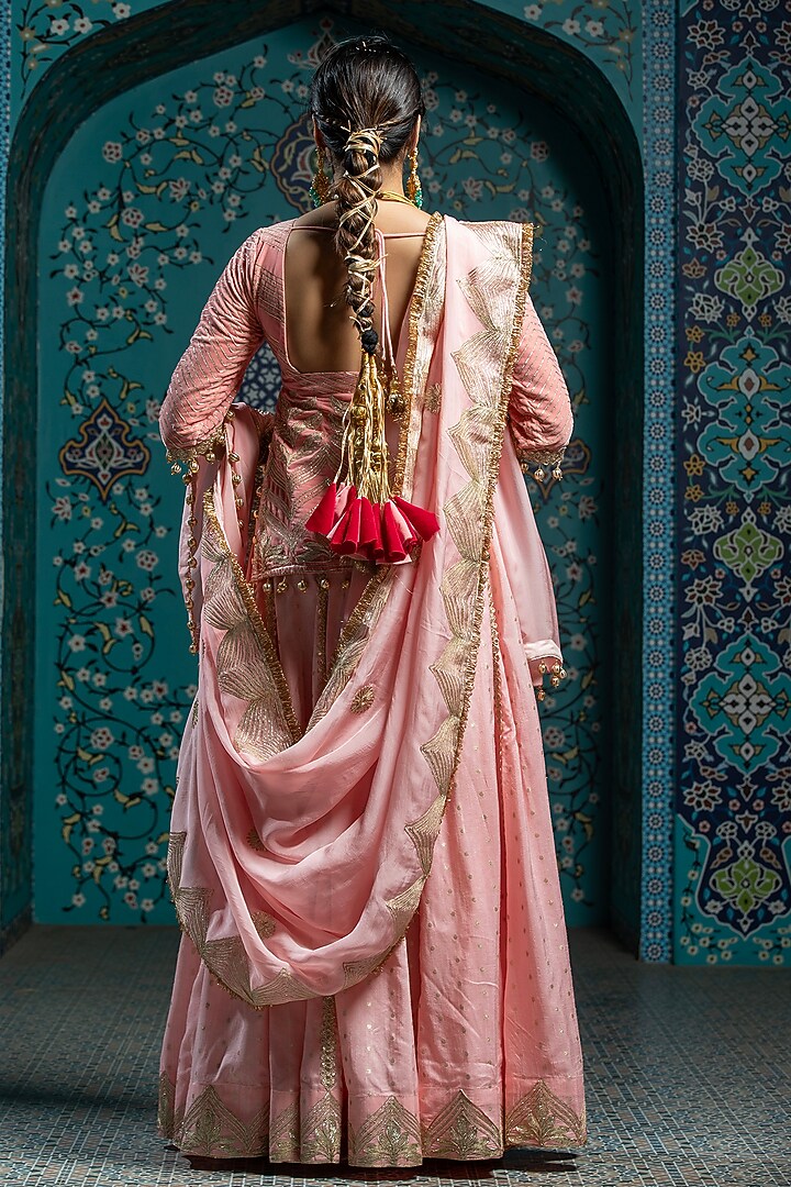Salmon Pink Silk Brocade Gota Embroidered Lehenga Set For Girls by Mei & Zu at Pernia's Pop Up Shop