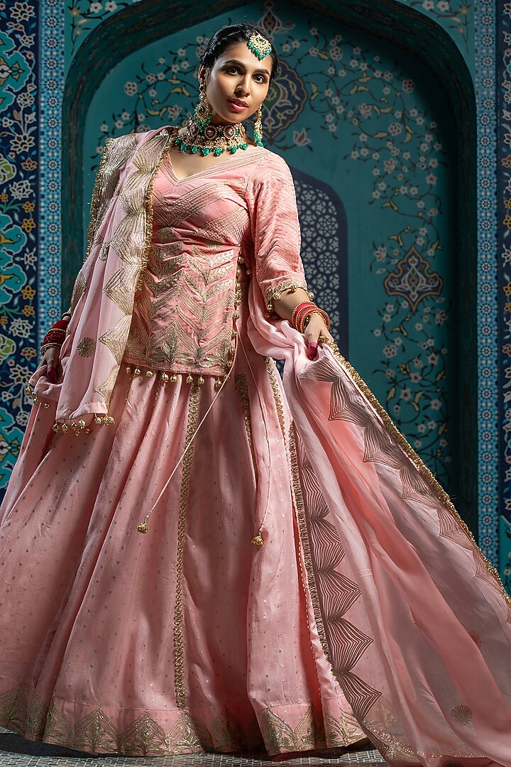 Salmon Pink Silk Brocade Gota Embroidered Lehenga Set For Girls by Mei & Zu at Pernia's Pop Up Shop