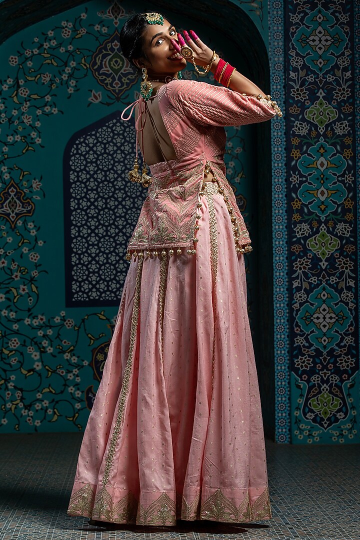 Salmon Pink Silk Brocade Gota Embroidered Lehenga Set For Girls by Mei & Zu at Pernia's Pop Up Shop