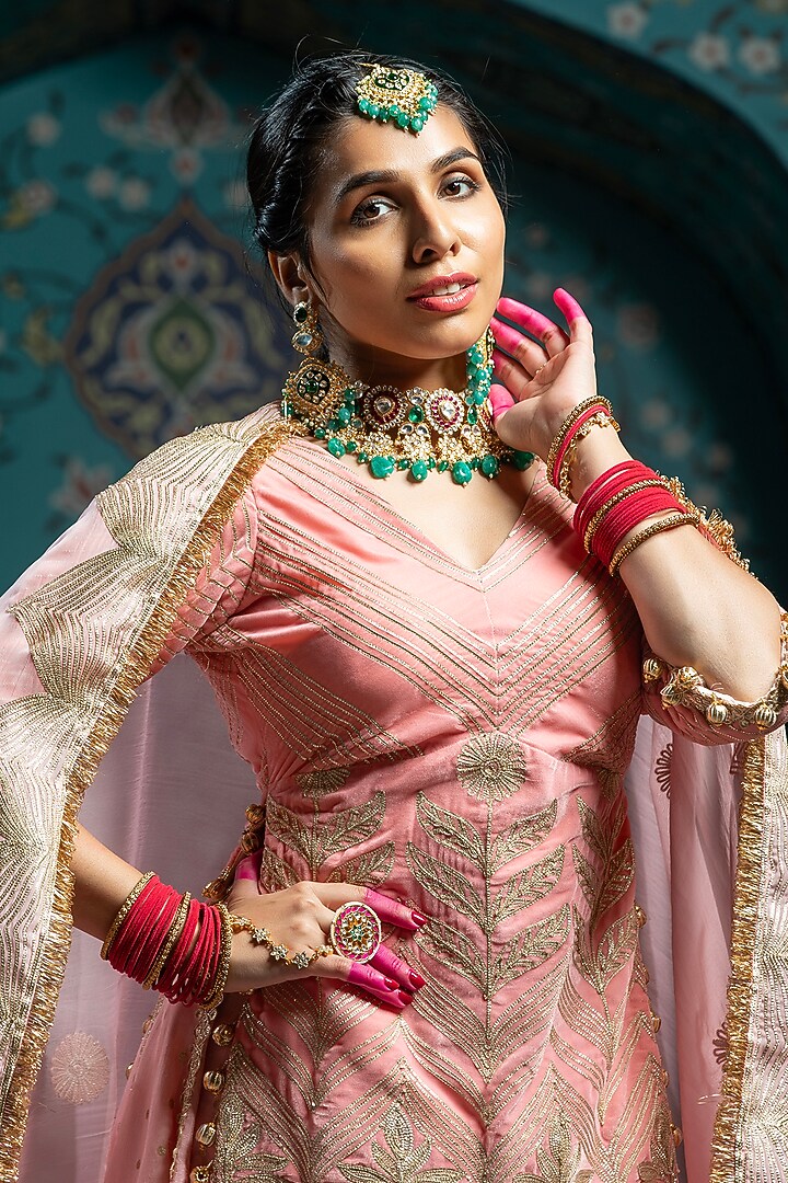 Salmon Pink Silk Brocade Gota Embroidered Lehenga Set For Girls by Mei & Zu at Pernia's Pop Up Shop
