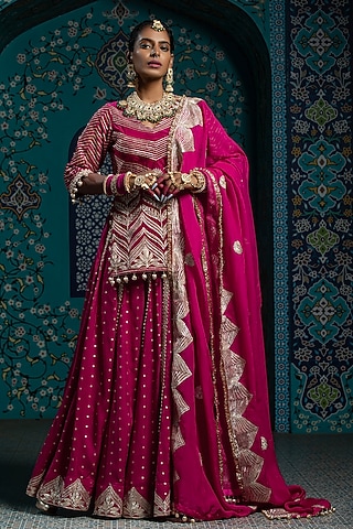 Fuchsia Pink Silk Brocade Gota Embroidered Lehenga Set For Girls by Mei & Zu