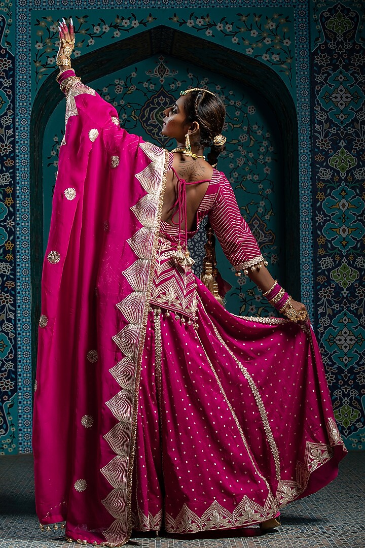 Fuchsia Pink Silk Brocade Gota Embroidered Lehenga Set For Girls by Mei & Zu at Pernia's Pop Up Shop