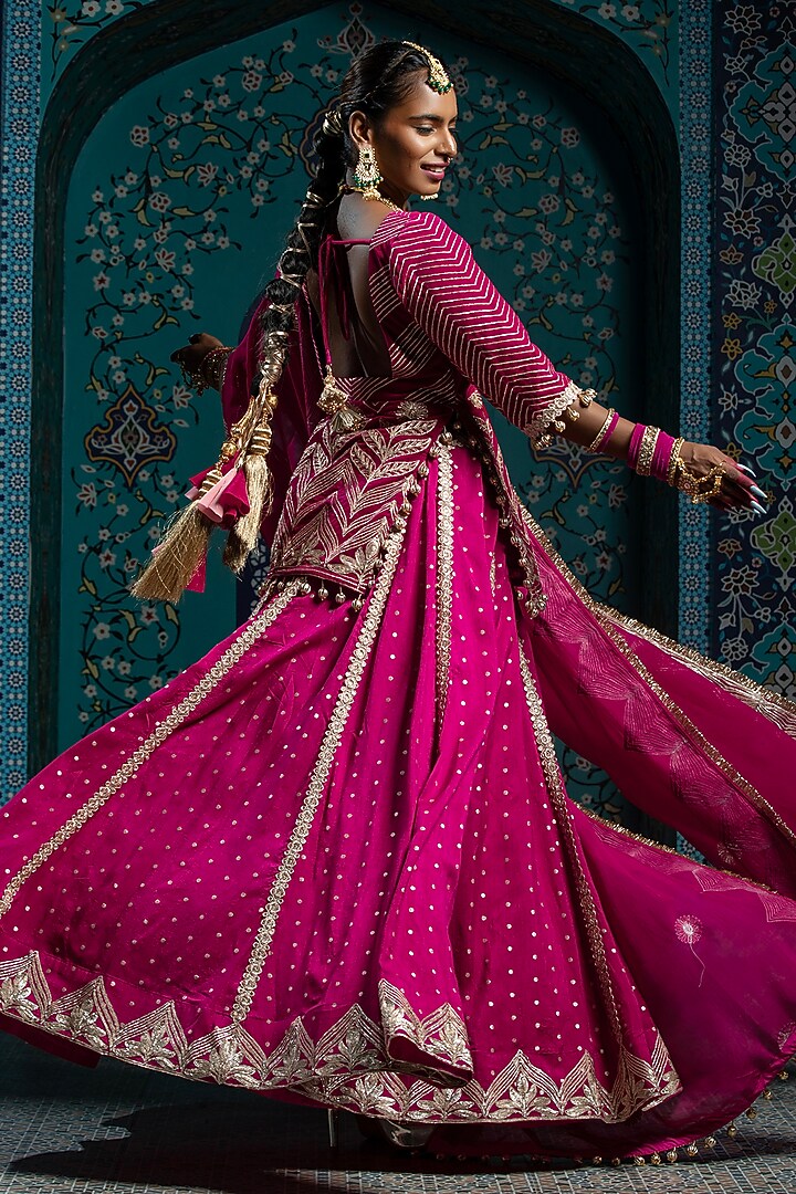 Fuchsia Pink Silk Brocade Gota Embroidered Lehenga Set For Girls by Mei & Zu at Pernia's Pop Up Shop
