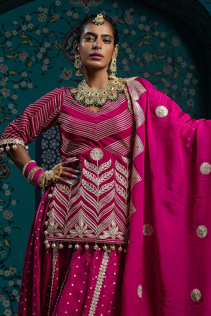 Fuchsia Pink Silk Brocade Gota Embroidered Lehenga Set For Girls by Mei & Zu at Pernia's Pop Up Shop