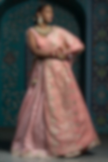 Salmon Pink Silk Brocade Gota Embroidered Lehenga Set For Girls by Mei & Zu at Pernia's Pop Up Shop