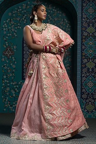 Salmon Pink Silk Brocade Gota Embroidered Lehenga Set For Girls by Mei & Zu