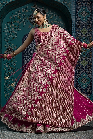 Fuchsia Pink Silk Brocade Gota Embroidered Lehenga Set For Girls by Mei & Zu