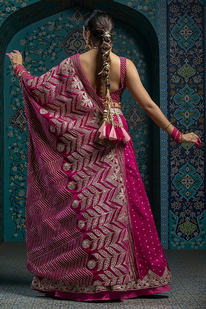 Fuchsia Pink Silk Brocade Gota Embroidered Lehenga Set For Girls by Mei & Zu at Pernia's Pop Up Shop