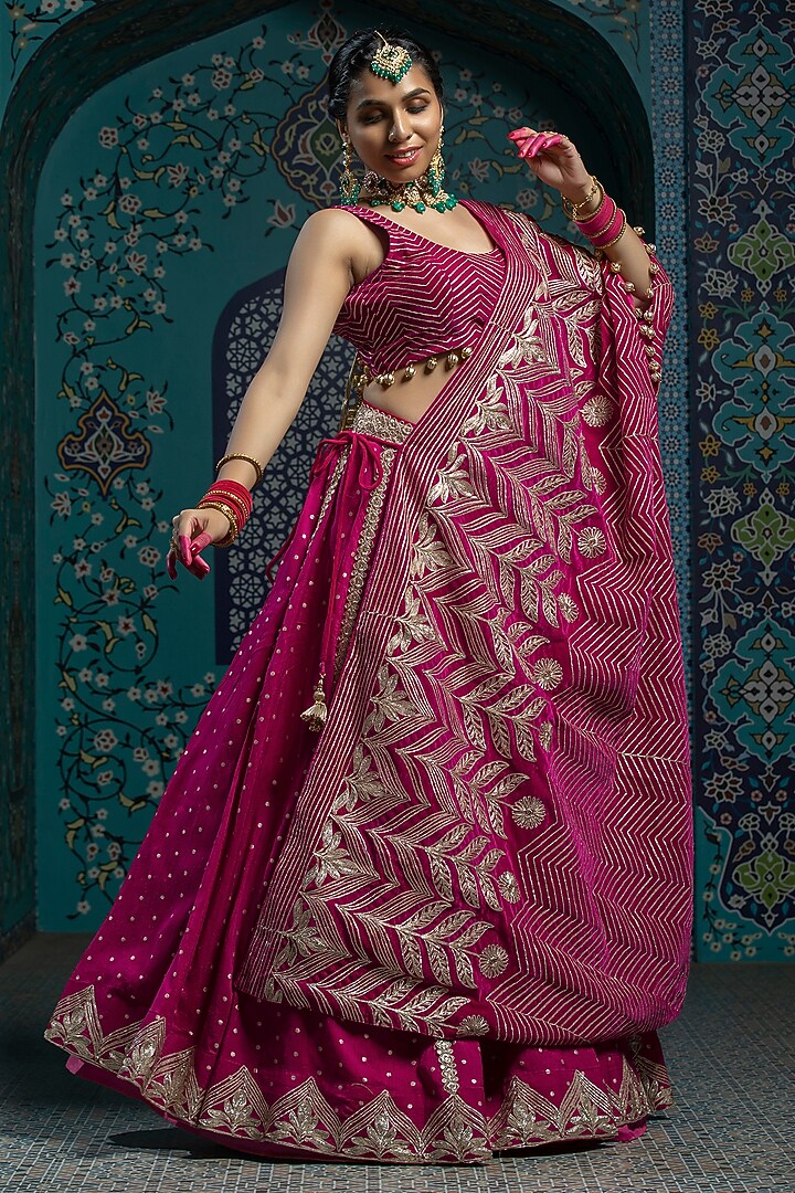 Fuchsia Pink Silk Brocade Gota Embroidered Lehenga Set For Girls by Mei & Zu at Pernia's Pop Up Shop