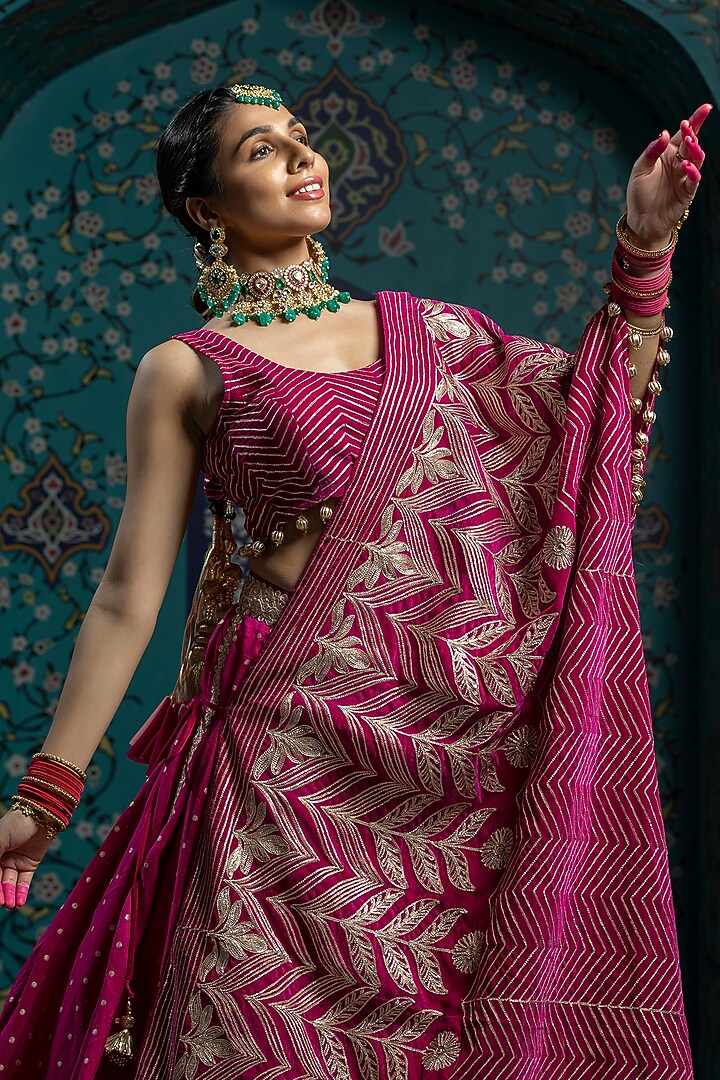 Fuchsia Pink Silk Brocade Gota Embroidered Lehenga Set For Girls by Mei & Zu at Pernia's Pop Up Shop