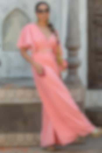 Salmon Pink Velvet Gota Embroidered Jumpsuit For Girls by Mei & Zu at Pernia's Pop Up Shop