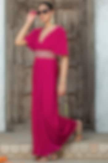 Fuchsia Pink Velvet Gota Embroidered Jumpsuit For Girls by Mei & Zu at Pernia's Pop Up Shop