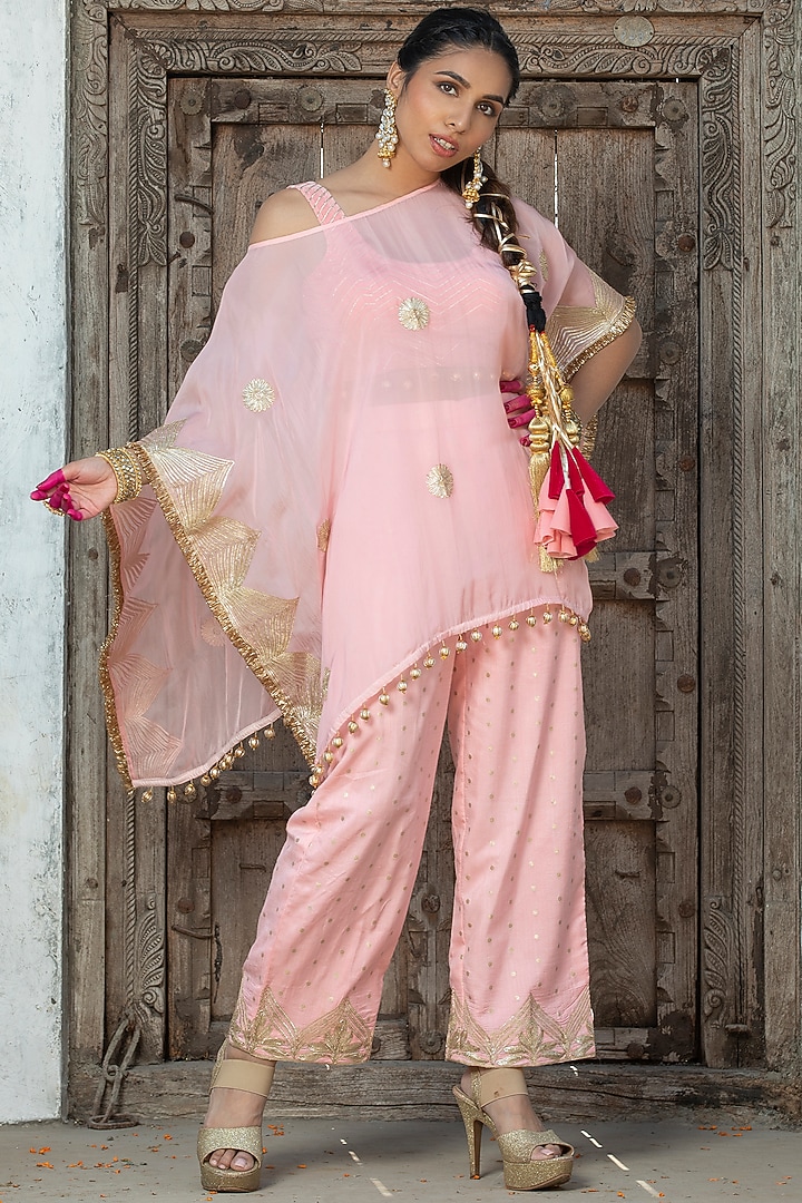 Salmon Pink Organza Gota Embroidered Cape Set For Girls by Mei & Zu at Pernia's Pop Up Shop