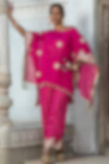 Fuchsia Pink Organza Gota Embroidered Cape Set For Girls by Mei & Zu at Pernia's Pop Up Shop