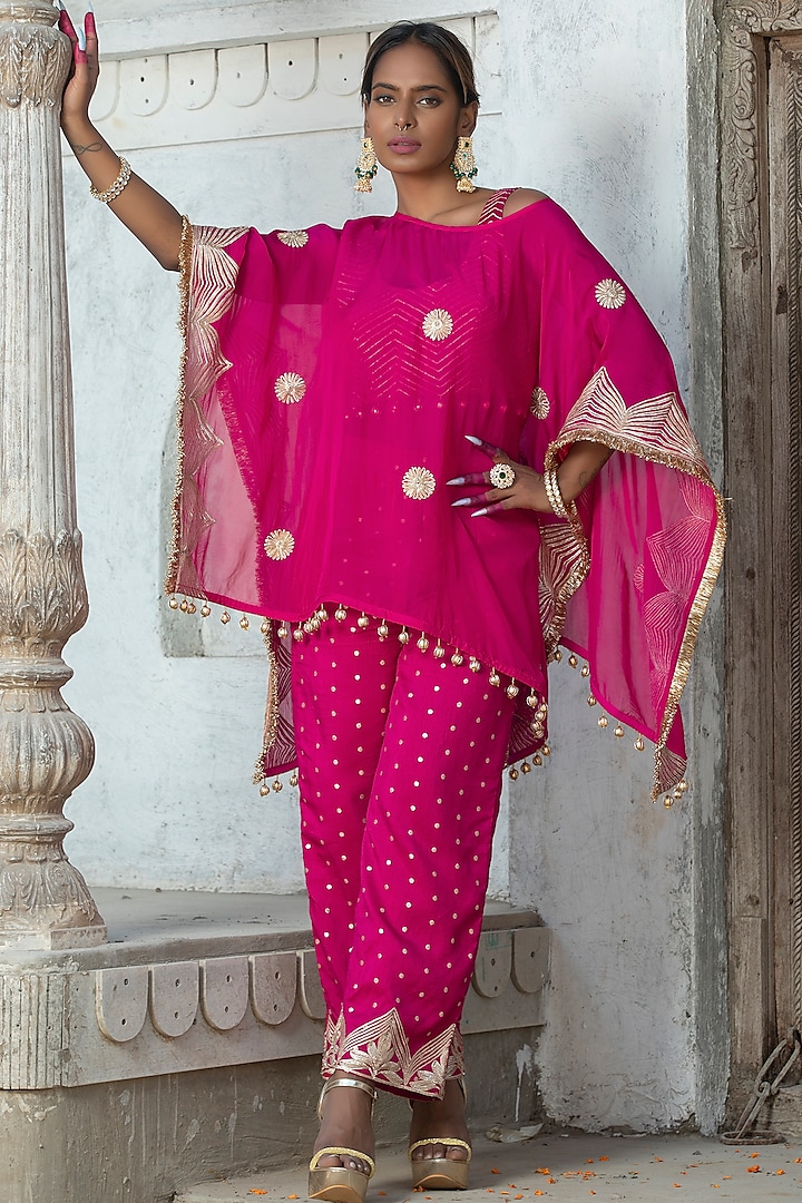 Fuchsia Pink Organza Gota Embroidered Cape Set For Girls by Mei & Zu at Pernia's Pop Up Shop